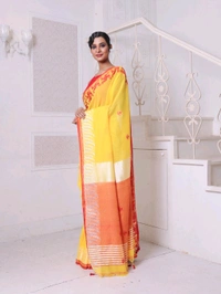 Swastik Woven Border Cotton Saree  - Yellow