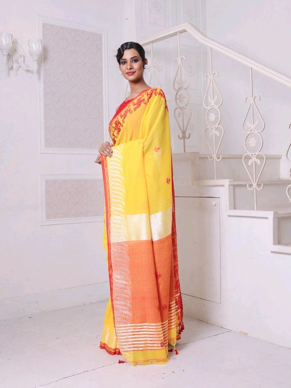 Swastik Woven Border Cotton Saree  - Yellow