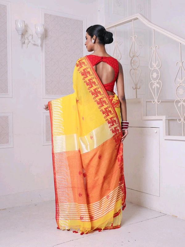 Swastik Woven Border Cotton Saree  - Yellow