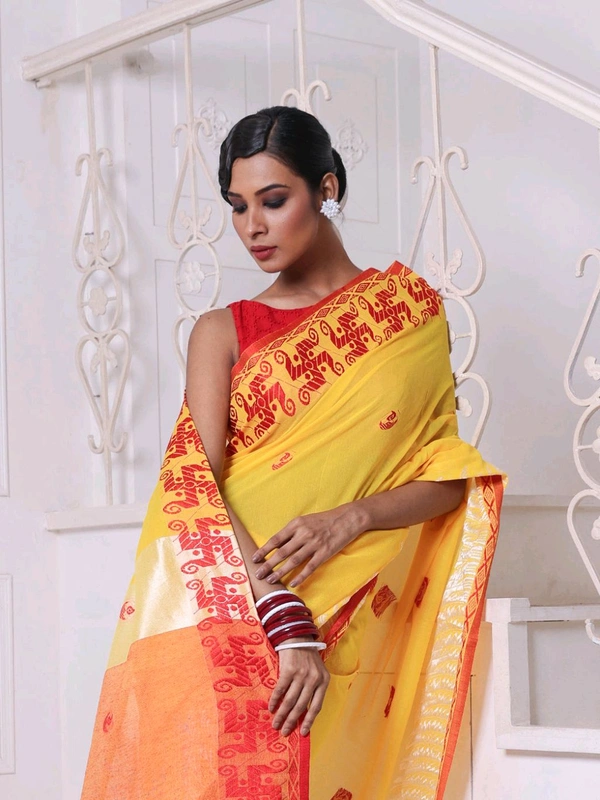 Swastik Woven Border Cotton Saree  - Yellow