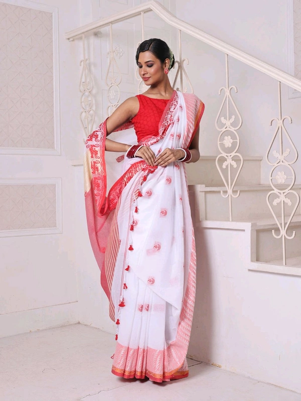 Swastik Woven Border Cotton Saree  - White