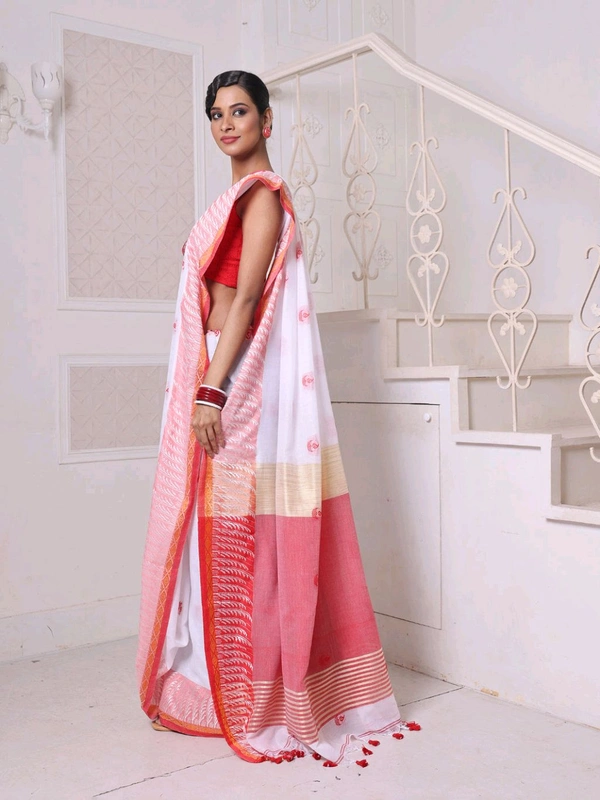 Swastik Woven Border Cotton Saree  - White
