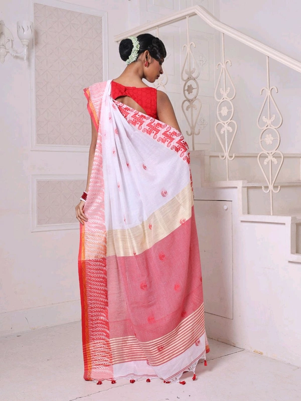 Swastik Woven Border Cotton Saree  - White