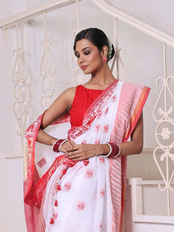 Swastik Woven Border Cotton Saree  - White