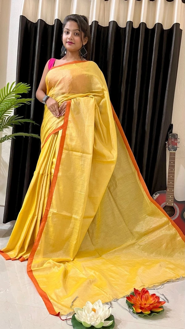 Handloome Duel Tone Tissue Cotton Saree - Yellow