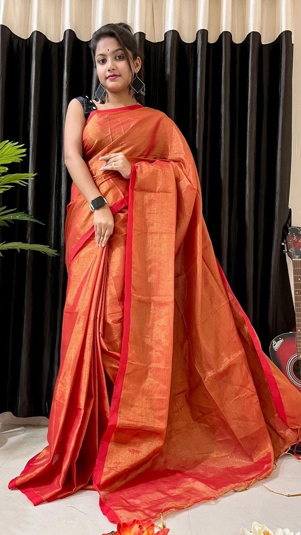 Handloome Duel Tone Tissue Cotton Saree - Orange