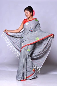 Handloom Cotton Boul Aplic Saree - Gray