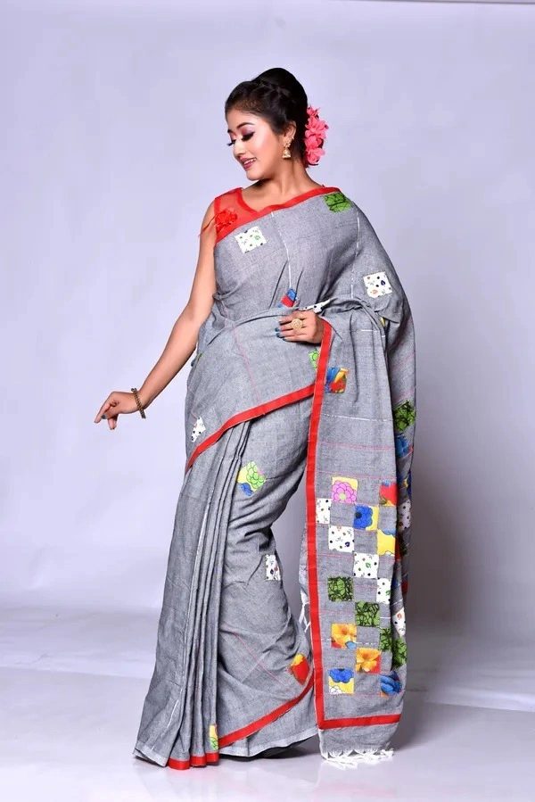 Handloom Cotton Boul Aplic Saree - Gray