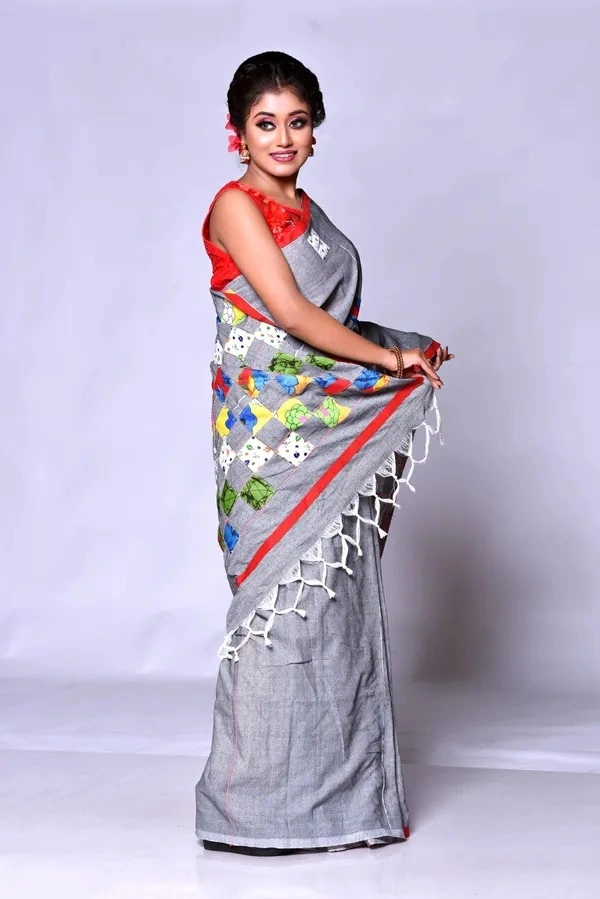 Handloom Cotton Boul Aplic Saree - Gray
