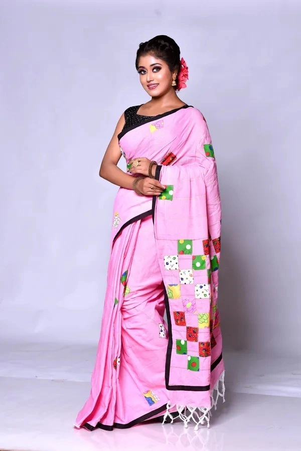 Handloom Cotton Boul Aplic Saree - Pink