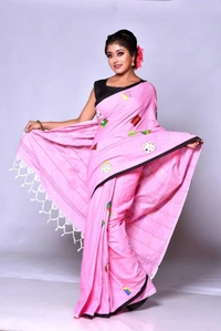 Handloom Cotton Boul Aplic Saree - Pink