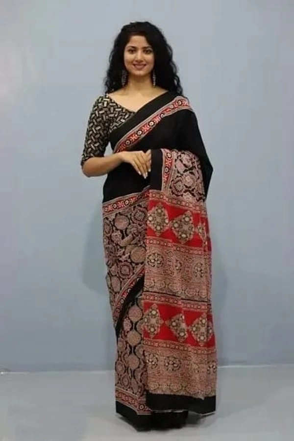 Handloom Mul Cotton Ajrakh Printed Saree - Mul Cotton