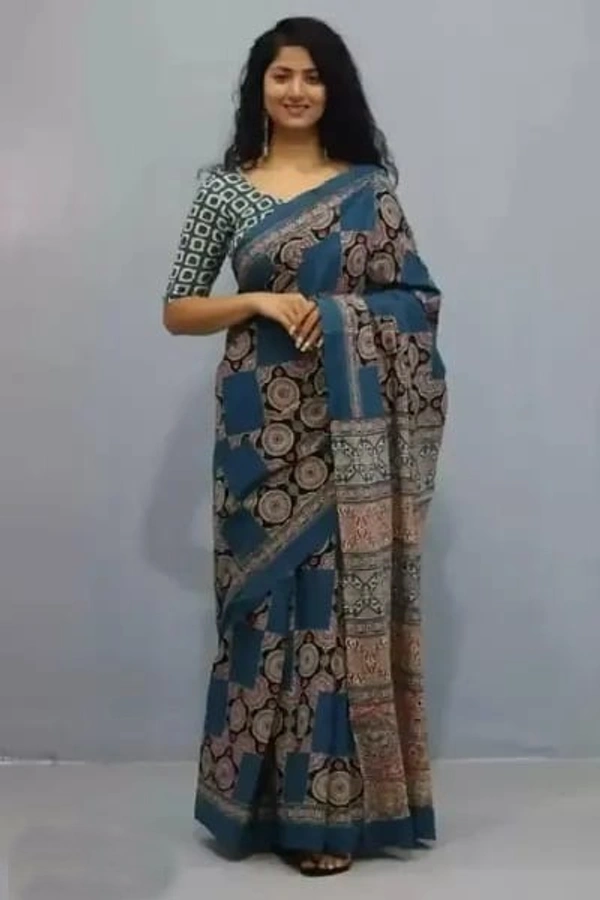 Handloom Mul Cotton Ajrakh Printed Saree - Mul Cotton