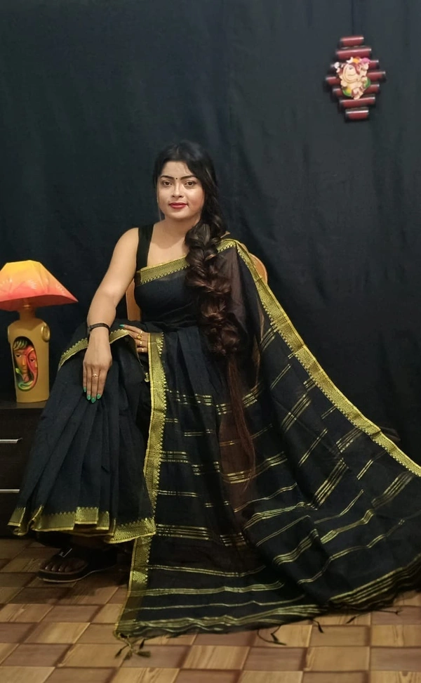 Somnath Handloom Golden Zari Woven Border Saree - Black