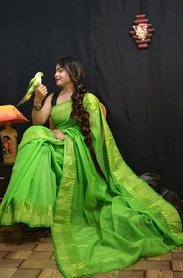 Handloom Golden Zari Woven Border Saree - Green