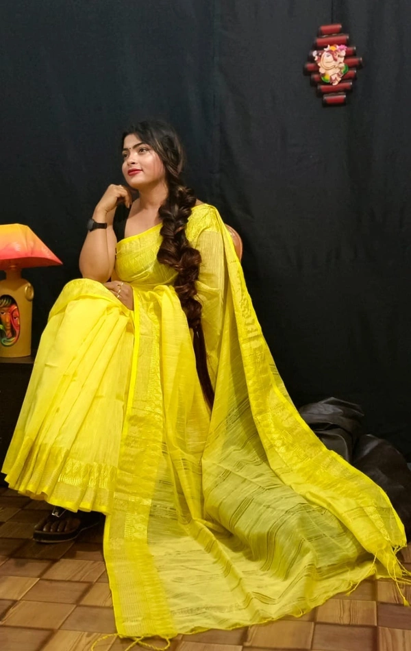 Handloom Golden Zari Woven Border Saree - Yellow