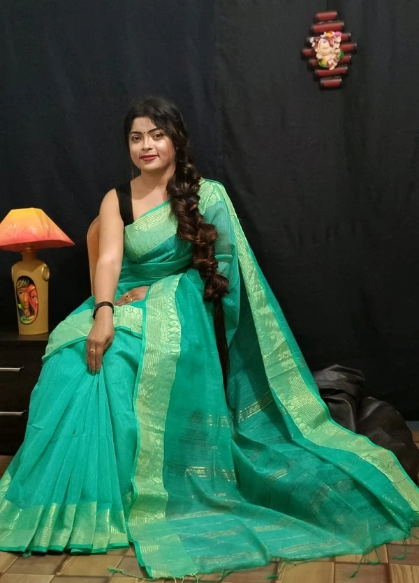Handloom Golden Zari Woven Border Saree - Sea Green