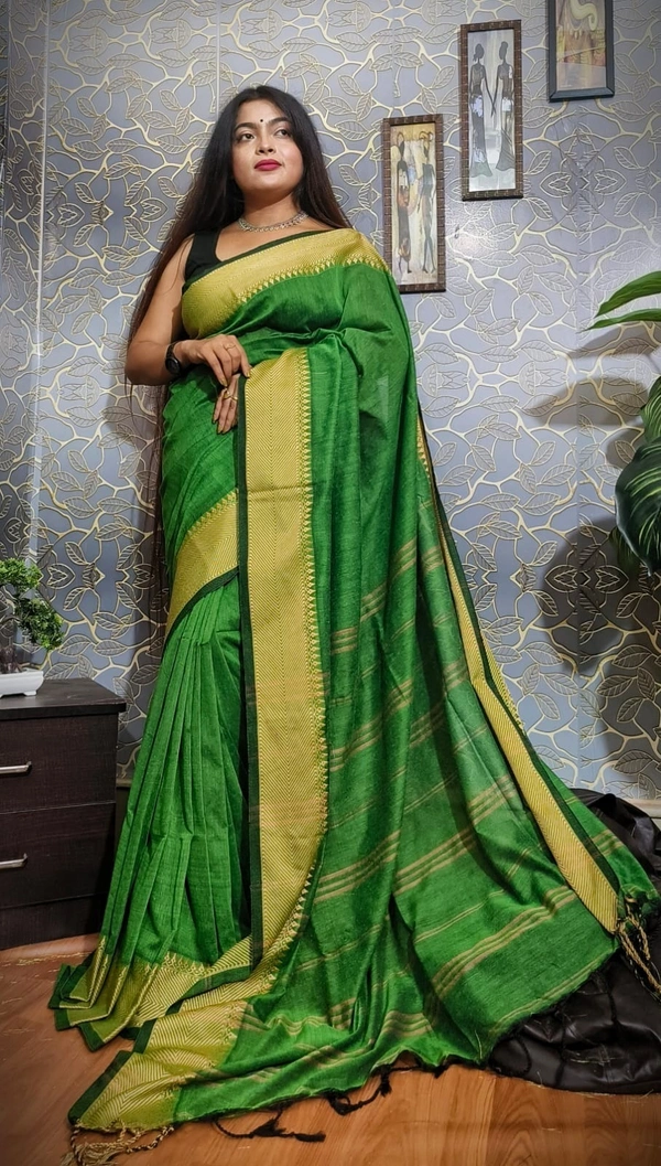 Handloom Woven Temple Border Cotton Saree - Green