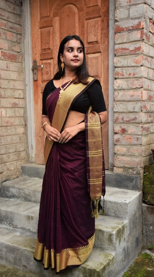 Handloom Woven Temple Border Cotton Saree - Maroon