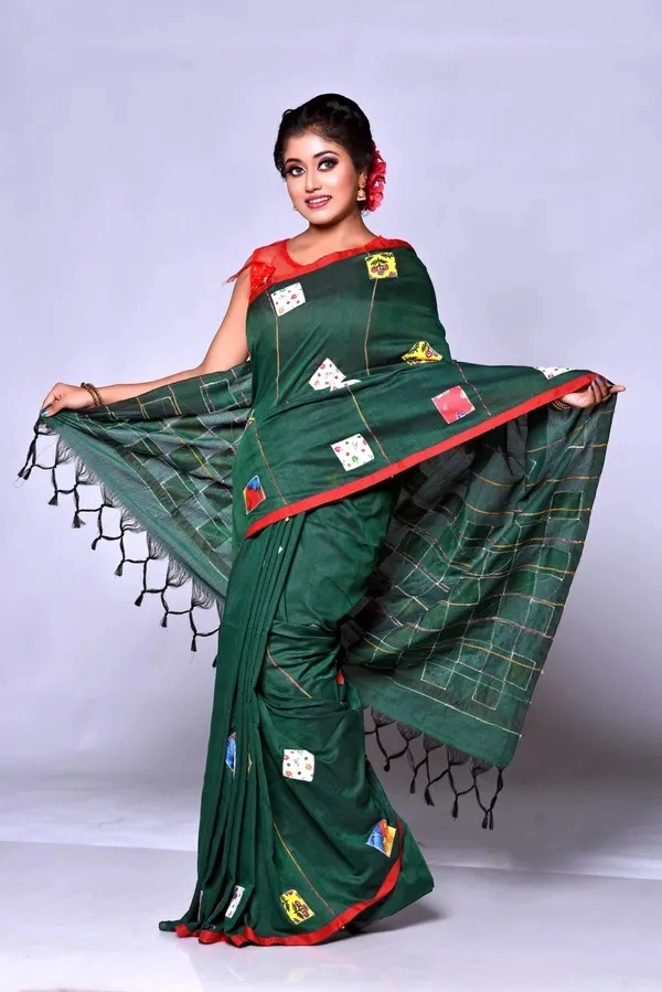 Handloom Cotton Boul Aplic Saree - Dark Green