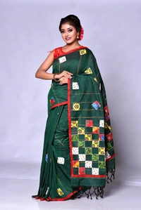 Handloom Cotton Boul Aplic Saree - Dark Green