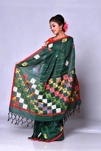 Handloom Cotton Boul Aplic Saree - Dark Green