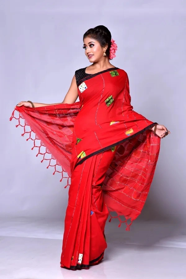 Handloom Cotton Boul Aplic Saree - Red