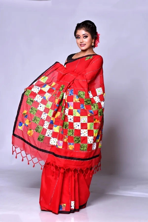 Handloom Cotton Boul Aplic Saree - Red