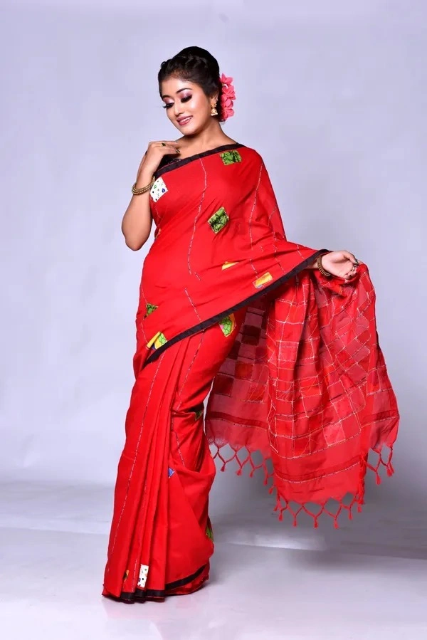 Handloom Cotton Boul Aplic Saree - Red