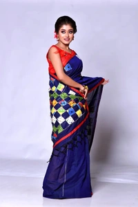 Handloom Cotton Boul Aplic Saree - Navy Blue