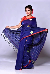 Handloom Cotton Boul Aplic Saree - Navy Blue