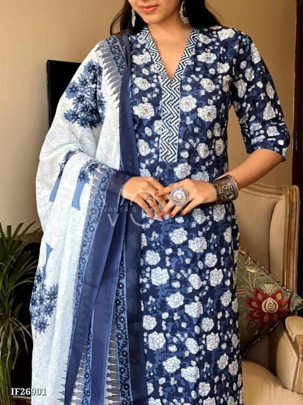 Beutiful Stylish Blue Print Kurti - L