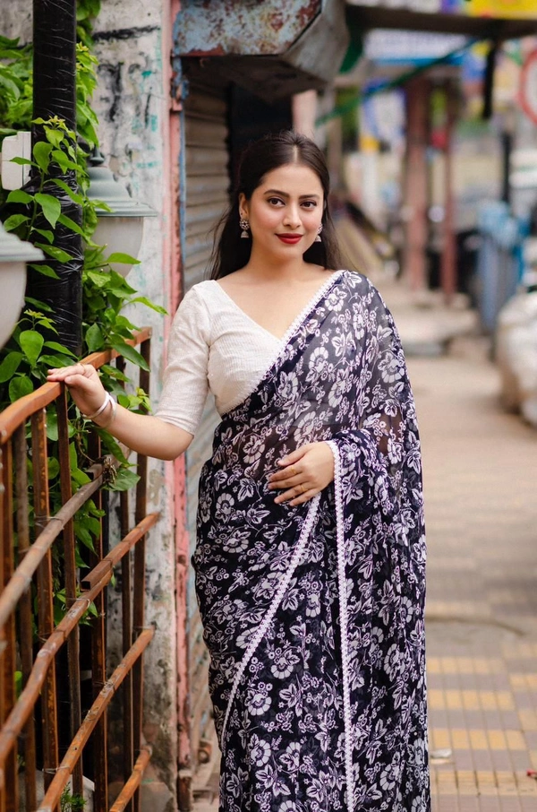 Soft Printed Saree  - Navy Blue, Free