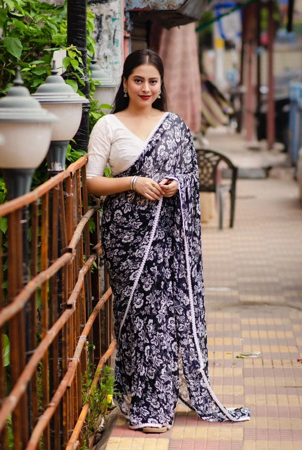 Soft Printed Saree  - Navy Blue, Free
