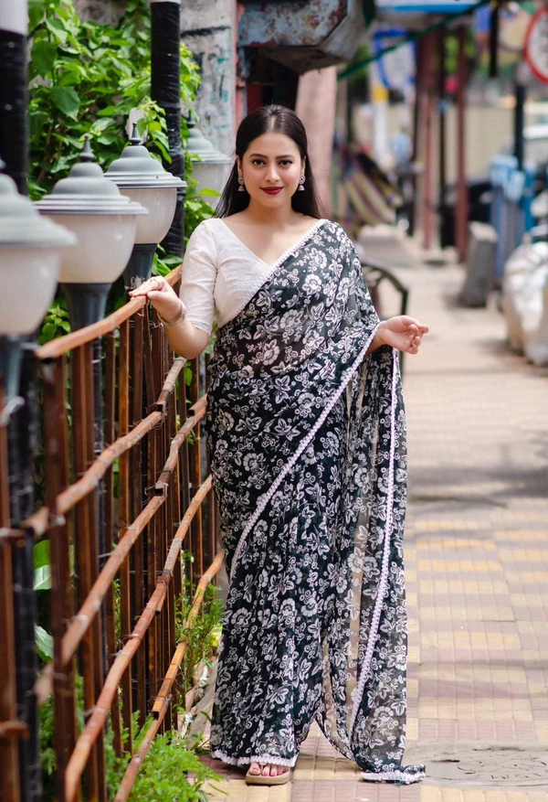 Soft Printed Saree  - Navy Blue, Free