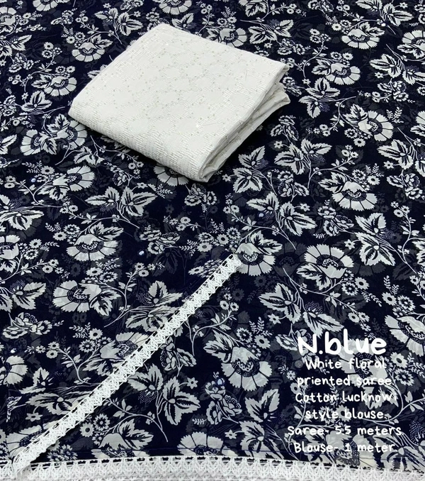 Soft Printed Saree  - Navy Blue, Free
