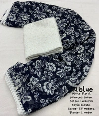 Soft Printed Saree  - Navy Blue, Free