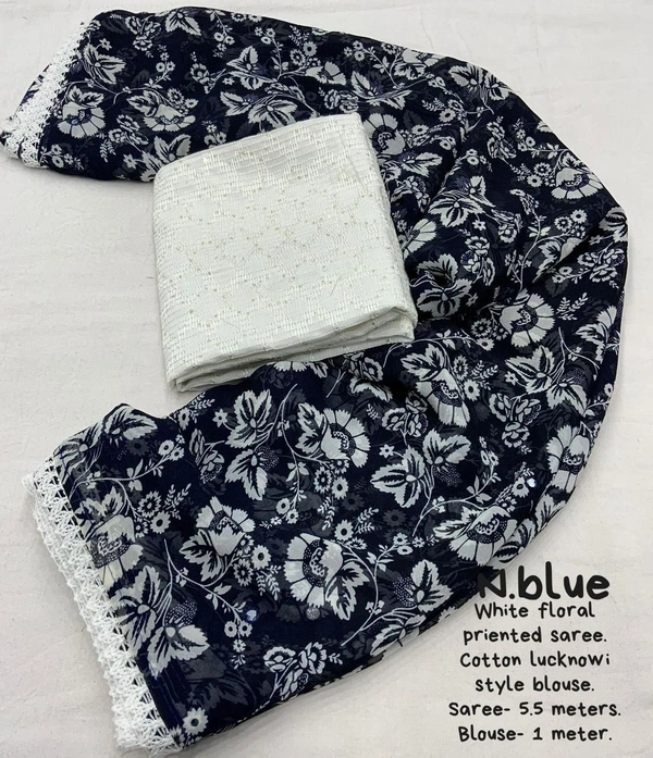 Soft Printed Saree  - Navy Blue, Free