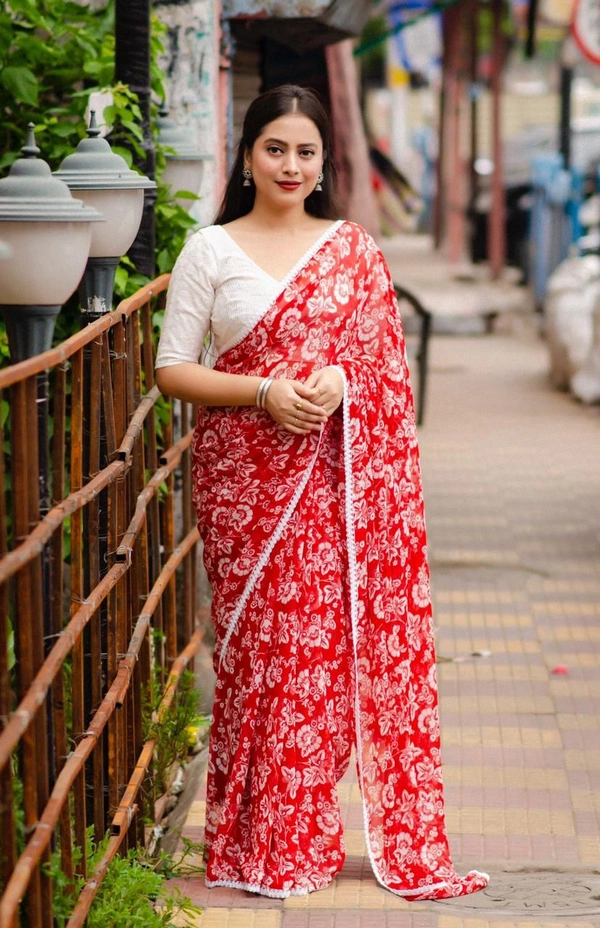 Soft Printed Saree  - Red