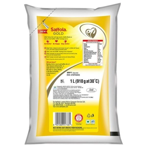 Saffola Gold Pro Healthy Lifestyle RiceBran Based Blended Oil 1 L