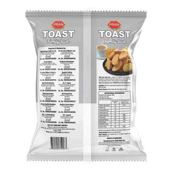 PRAN Toast Family Rusk - Made From Wheat Grain, Crispy & Crunchy, 200 g
