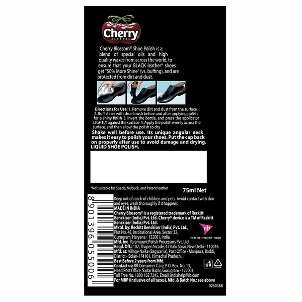 Cherry Blossom Black Liquid Shoe Polish 75 ml
