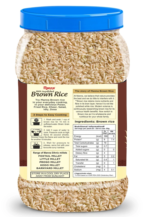 Manna Brown Rice, 1kg - Long Grain, Unpolished, High in Fibre