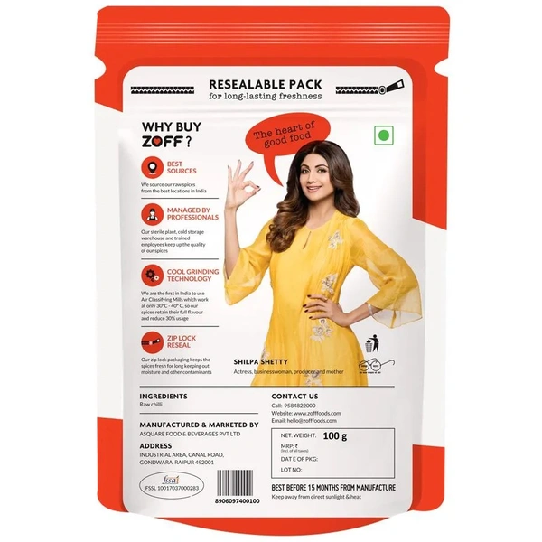 Zoff Red Chilli Powder - High Quality & Flavour, Cool Ground, Pouch - 100g