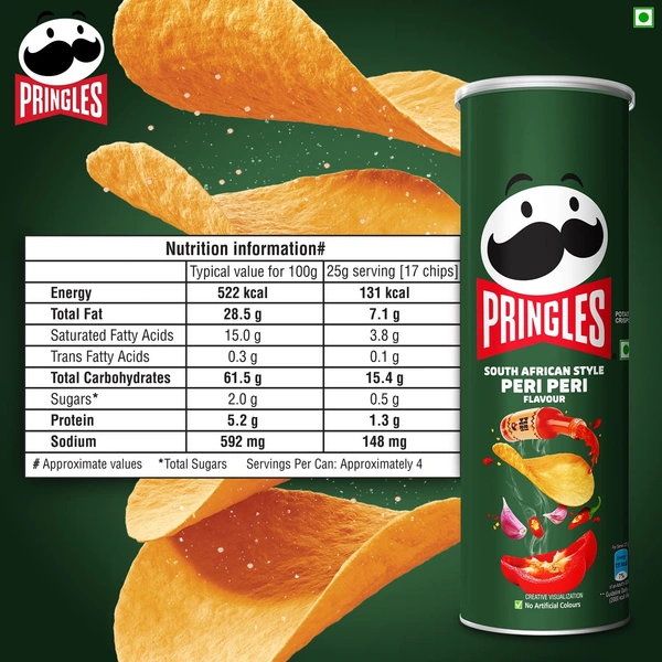 Pringles Potato Chips - Peri Peri Flavoured, Crunchy, Crispy, 107g Can