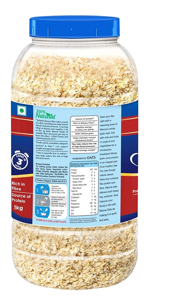 Manna Instant Oats  White Oats | High in Fibre and Protein | Helps Maintain Cholesterol - 1kg