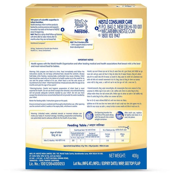 Nestle Nan Pro 3 Infant Follow-up Formula Powder 12 months + 400g