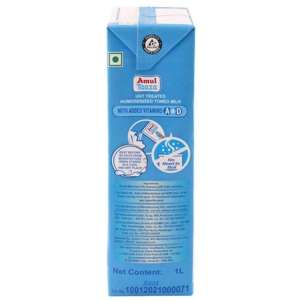 Amul Taaza Homogenised Toned Milk (Tetra Pack) - 1L