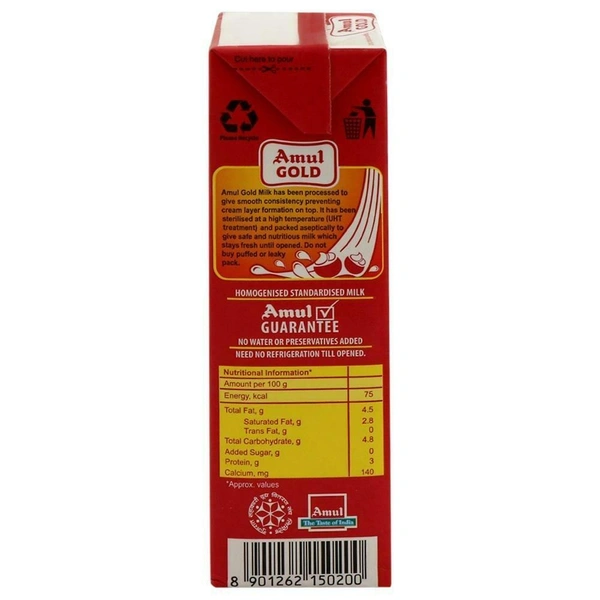 Amul Gold Homogenised Standardised Milk(Tetra Pak) - 500ml