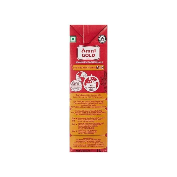 Amul Gold Homogenised Standardised Milk(Tetra Pak) - 200ml